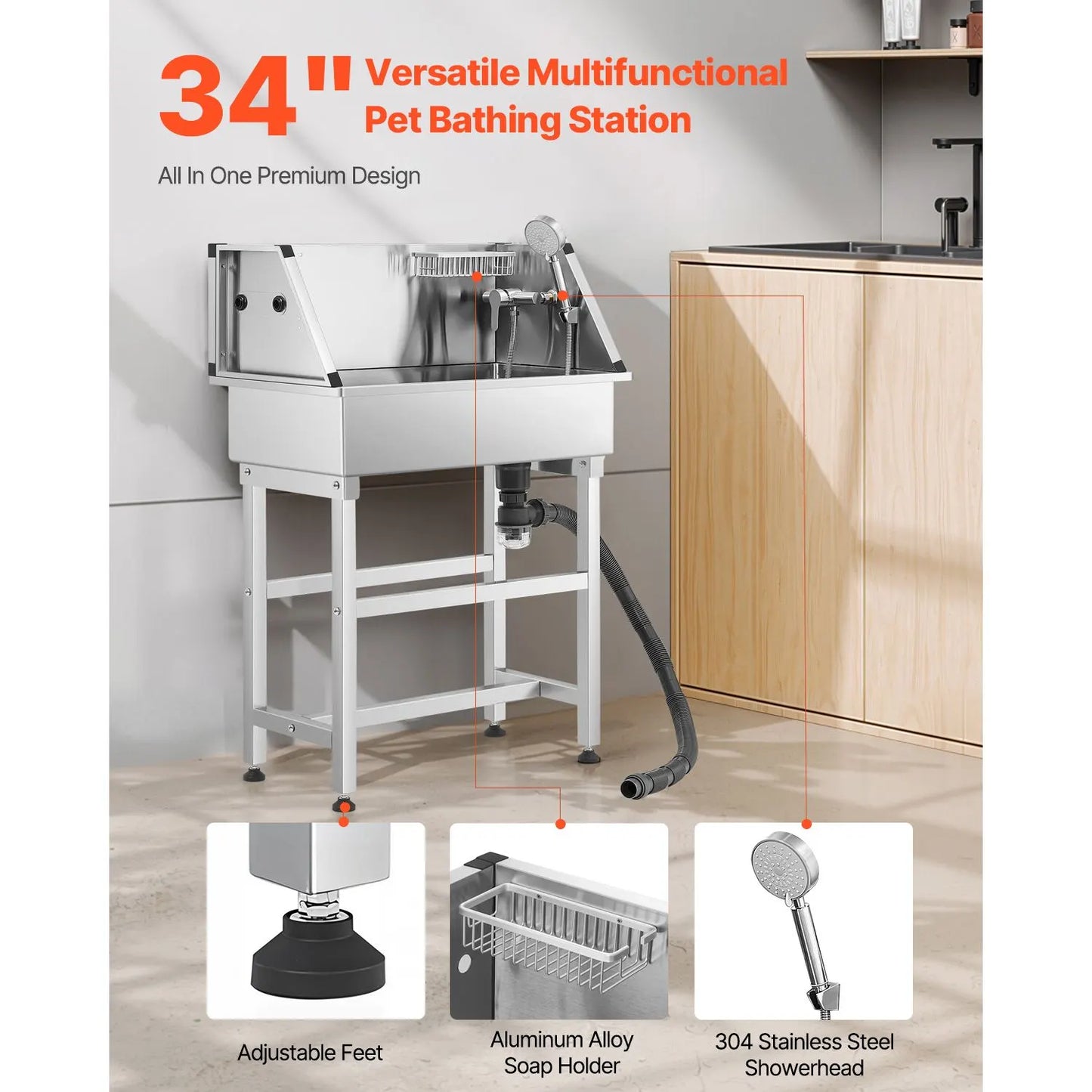 86.4 cm Stainless Steel Dog Washing Station, Pet Grooming Tub with Hot & Cold Faucet, Showerhead, Storage Rack, No-Bend All-in-One Bathtub, Home Wash Sink, Fits Small Cats and Dogs - Image 2
