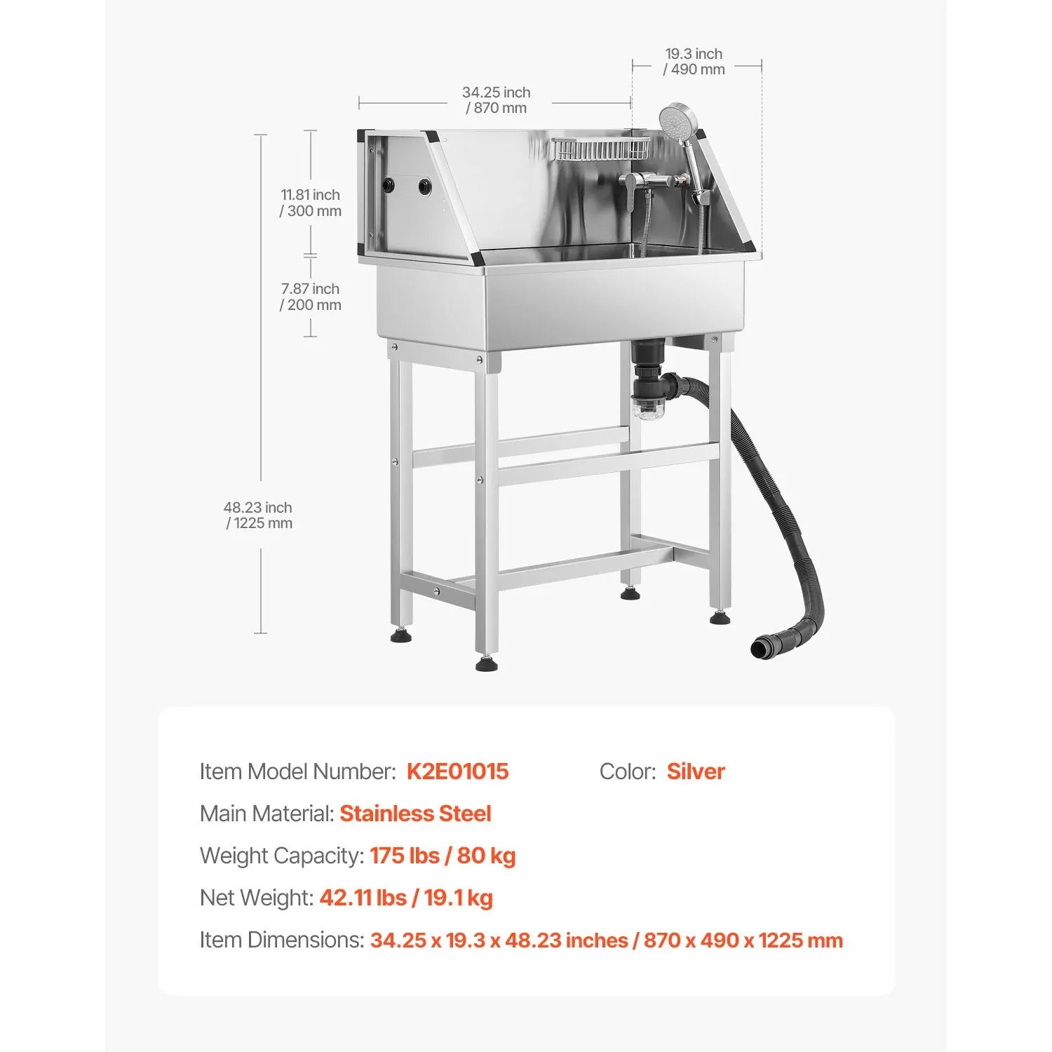 86.4 cm Stainless Steel Dog Washing Station, Pet Grooming Tub with Hot & Cold Faucet, Showerhead, Storage Rack, No-Bend All-in-One Bathtub, Home Wash Sink, Fits Small Cats and Dogs - Image 7