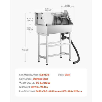 86.4 cm Stainless Steel Dog Washing Station, Pet Grooming Tub with Hot & Cold Faucet, Showerhead, Storage Rack, No-Bend All-in-One Bathtub, Home Wash Sink, Fits Small Cats and Dogs - Image 7