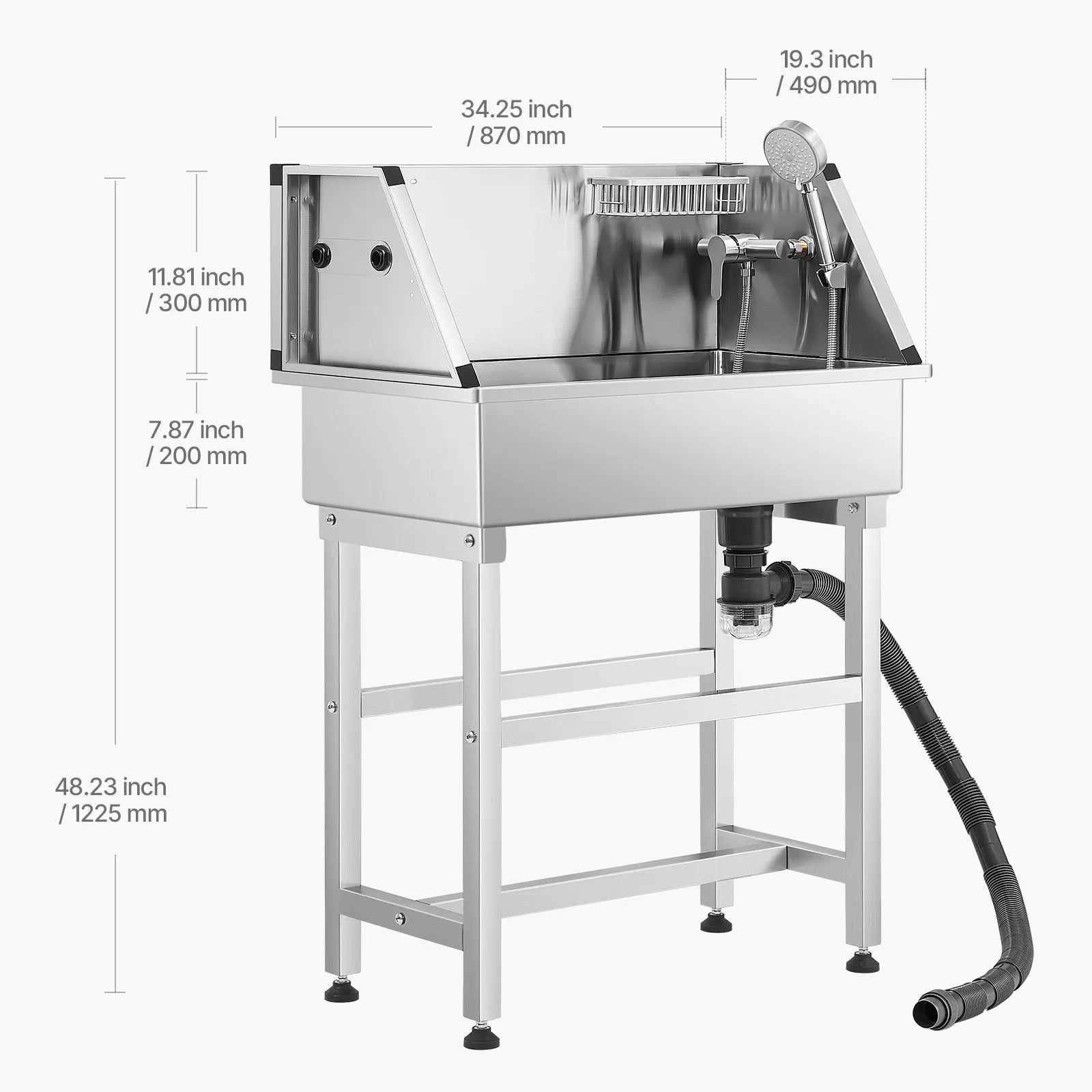 86.4 cm Stainless Steel Dog Washing Station, Pet Grooming Tub with Hot & Cold Faucet, Showerhead, Storage Rack, No-Bend All-in-One Bathtub, Home Wash Sink, Fits Small Cats and Dogs - Image 8