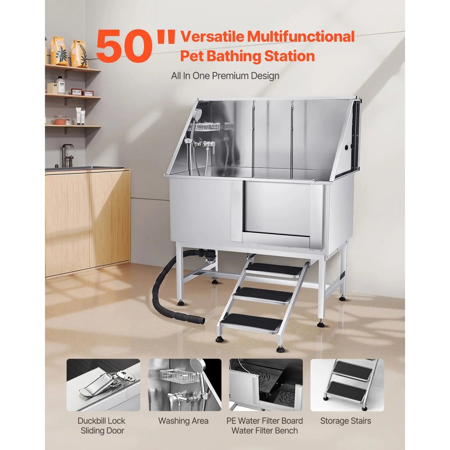 127 cm Dog Grooming Bath Tub Stainless Steel w Stairs Water Filter - Image 2