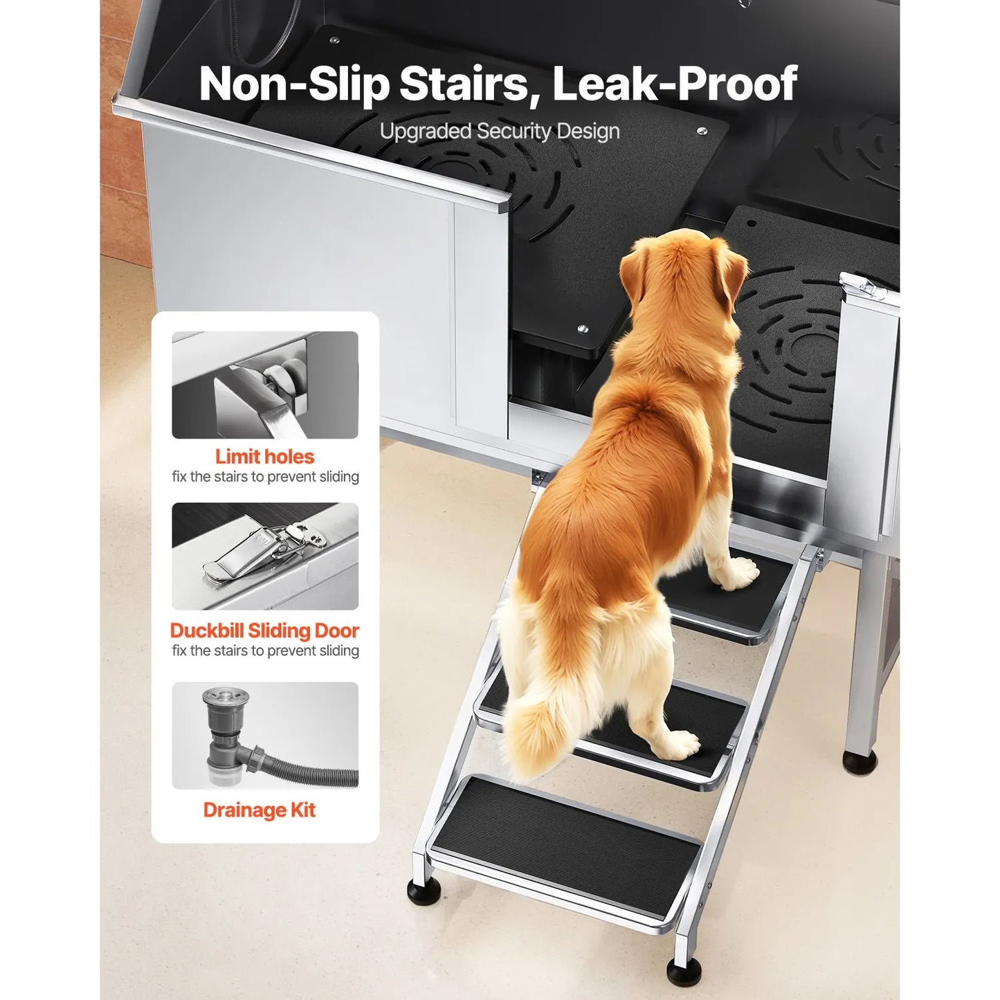 127 cm Dog Grooming Bath Tub Stainless Steel w Stairs Water Filter - Image 3