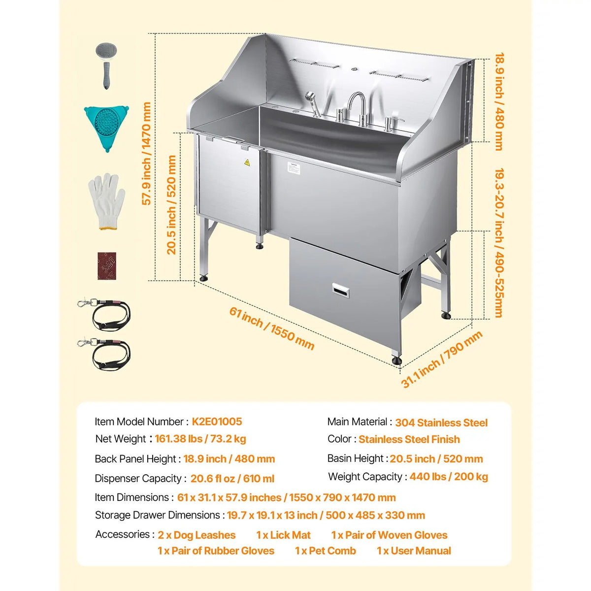155 cm Dog Grooming Bath Tub Stainless Steel w Ramp Water Filter Left - Image 7