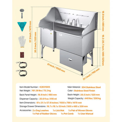 155 cm Dog Grooming Bath Tub Stainless Steel w Ramp Water Filter Left - Image 7
