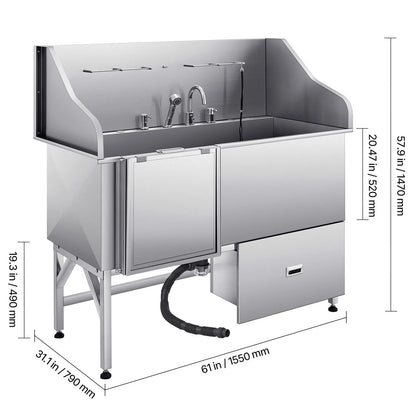 155 cm Dog Grooming Bath Tub Stainless Steel w Ramp Water Filter Left - Image 8