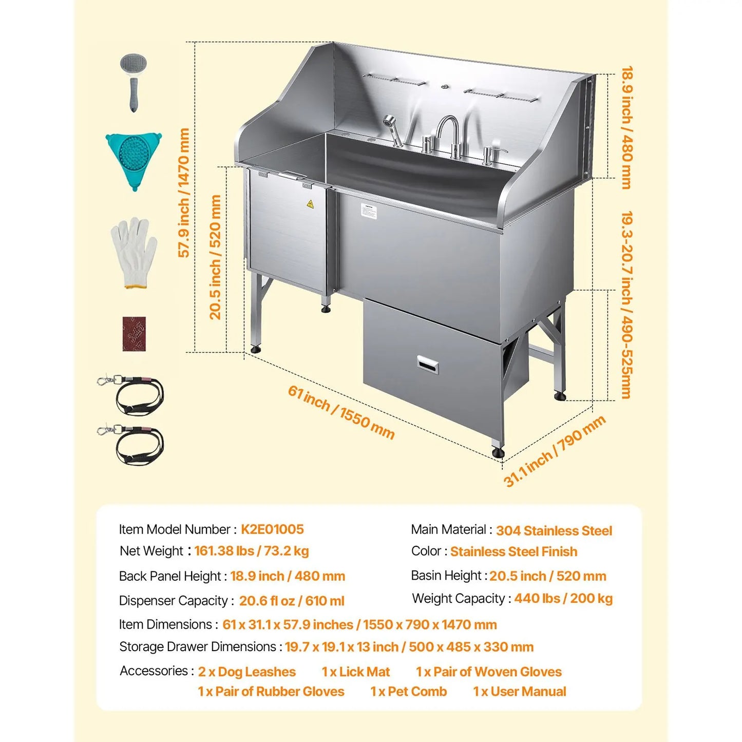 155 cm Dog Grooming Bath Tub Stainless Steel w Ramp Water Filter - Image 7