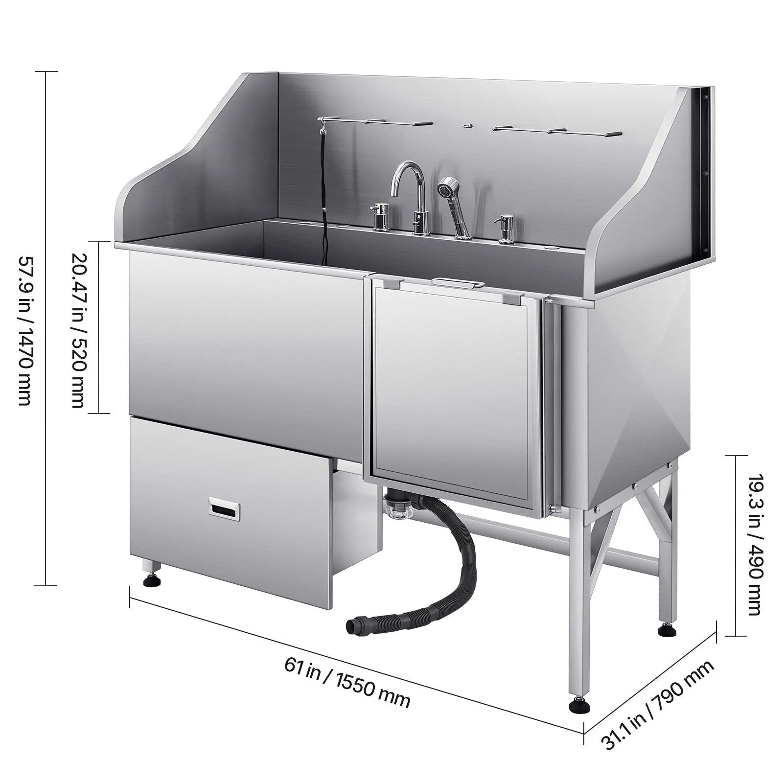 155 cm Dog Grooming Bath Tub Stainless Steel w Ramp Water Filter - Image 8