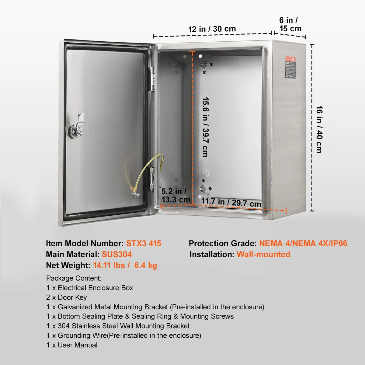 Steel Electrical Box, 40x30x15 cm, 304 Stainless Steel Electrical Enclosure Box, Wall-Mounted Outdoor Electrical Electronic Equipment Enclosure with Mounting Plate Hinges Lock, IP66 Waterproof - Image 7