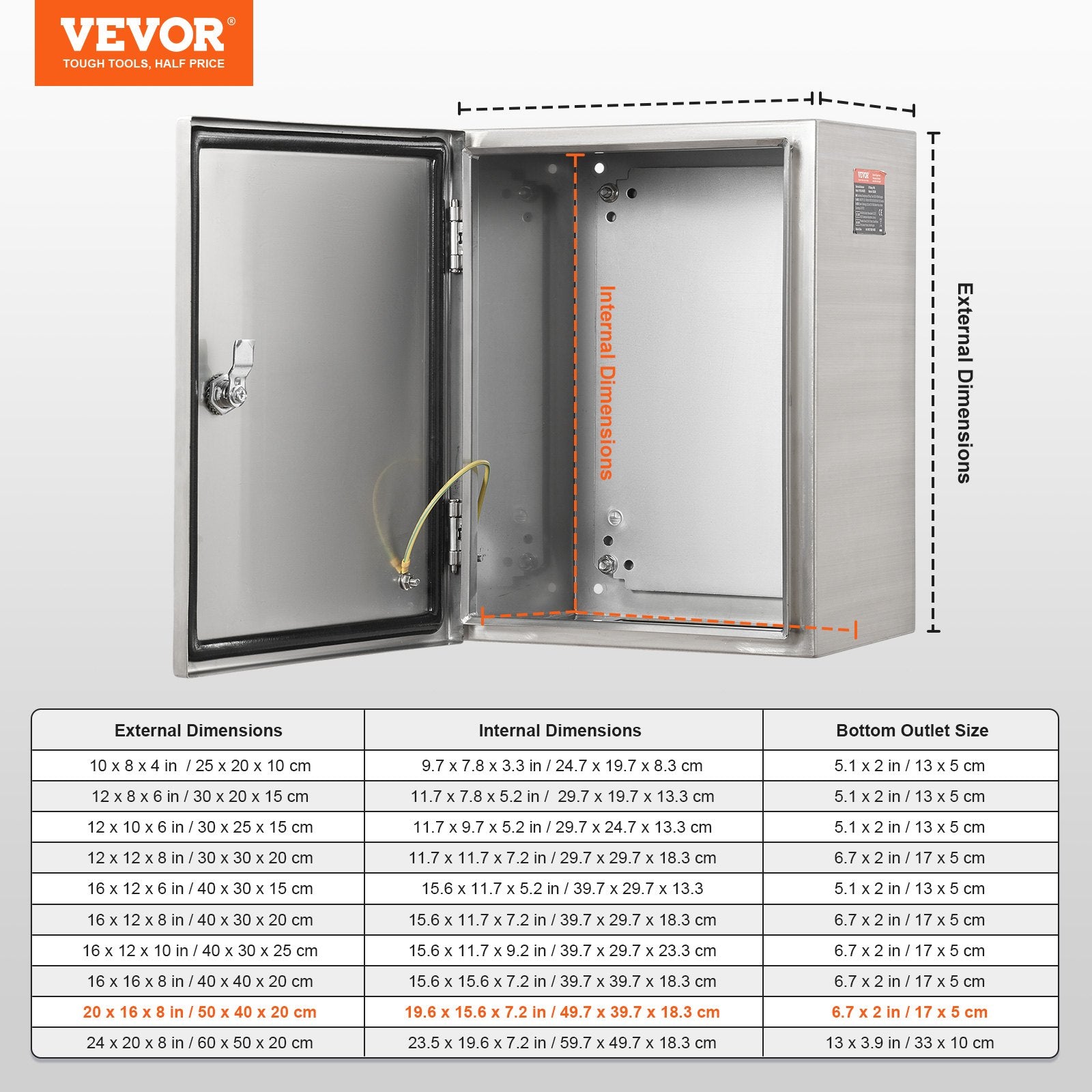 Steel Electrical Box, 50x40x20 cm, 304 Stainless Steel Electrical Enclosure Box, Wall-Mounted Outdoor Electrical Electronic Equipment Enclosure with Mounting Plate Hinges Lock, IP66 Waterproof - Image 7