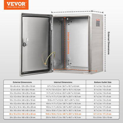 Steel Electrical Box, 50x40x20 cm, 304 Stainless Steel Electrical Enclosure Box, Wall-Mounted Outdoor Electrical Electronic Equipment Enclosure with Mounting Plate Hinges Lock, IP66 Waterproof - Image 7