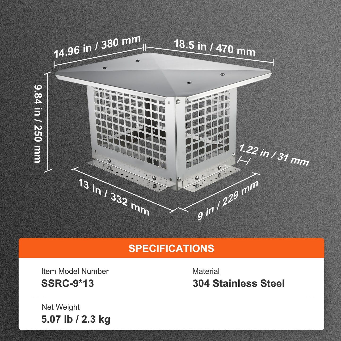 Chimney Cap 13” x 9” 304Stainless Steel Fireplace Flue Caps Cover Mesh - Image 7