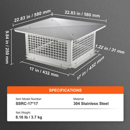 Chimney Cap 17” x 17” 304Stainless Steel Fireplace Flue Caps Cover Mesh - Image 7