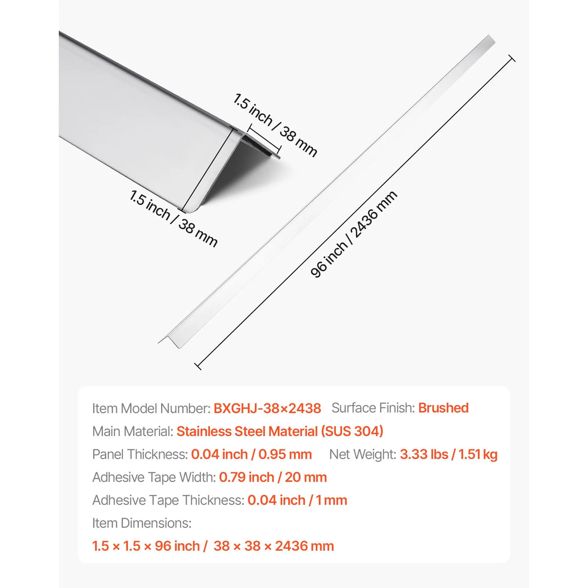 Stainless Steel Wall Corner Protector, 38 x 38 x 2436 mm, 10 Pack Metal Corner Guards, 304 Stainless Steel Edge Trim 90-Degree Angle for Home,Office,Commercial Wall Protection, with 3m Tape - Image 7
