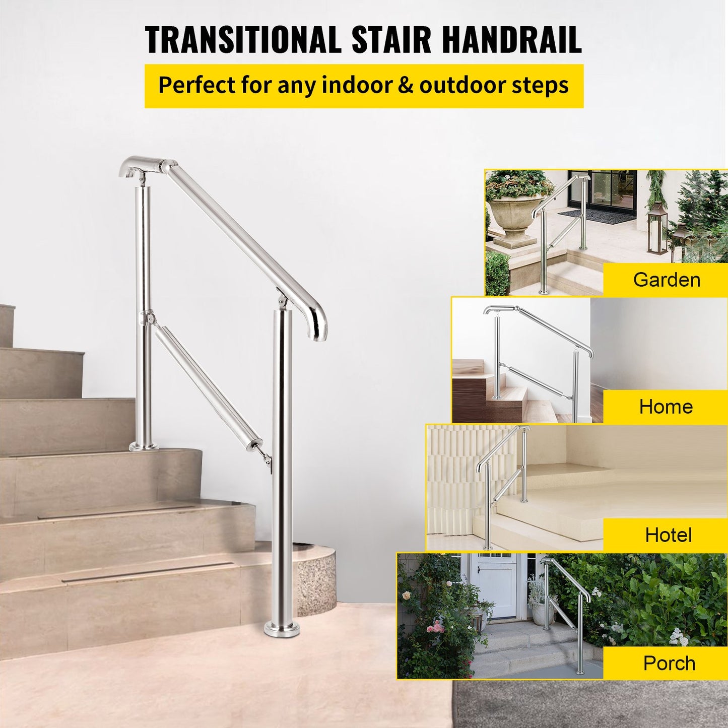 3 Step Railing Stainless Steel Transitional Handrail fit for Level Surface and 1 to 3 Steps Adjustable Stair Railing Indoor Outdoor Step Railings 220lb Capacity W/ Installation Kit Porch DIY - Image 2