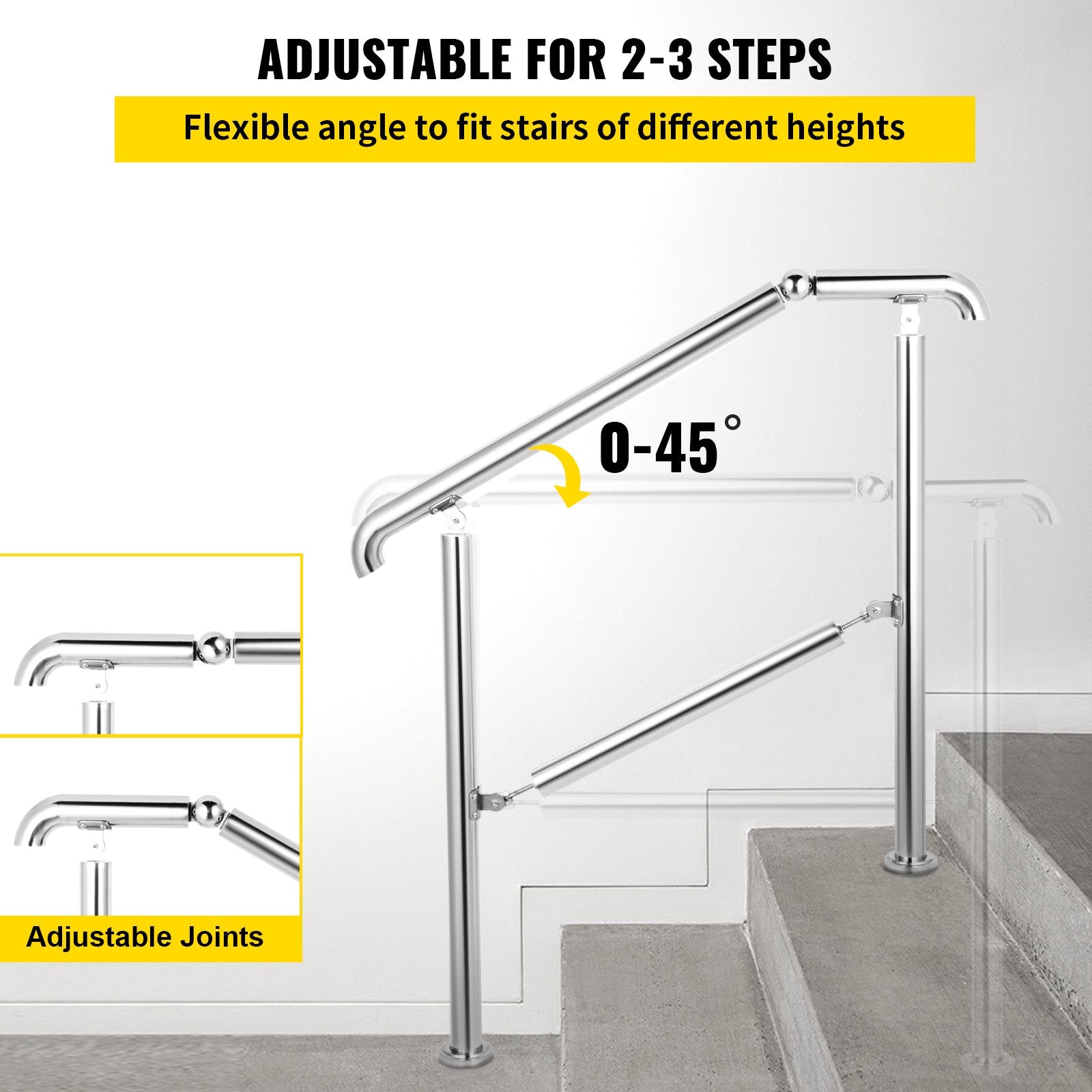 3 Step Railing Stainless Steel Transitional Handrail fit for Level Surface and 1 to 3 Steps Adjustable Stair Railing Indoor Outdoor Step Railings 220lb Capacity W/ Installation Kit Porch DIY - Image 3