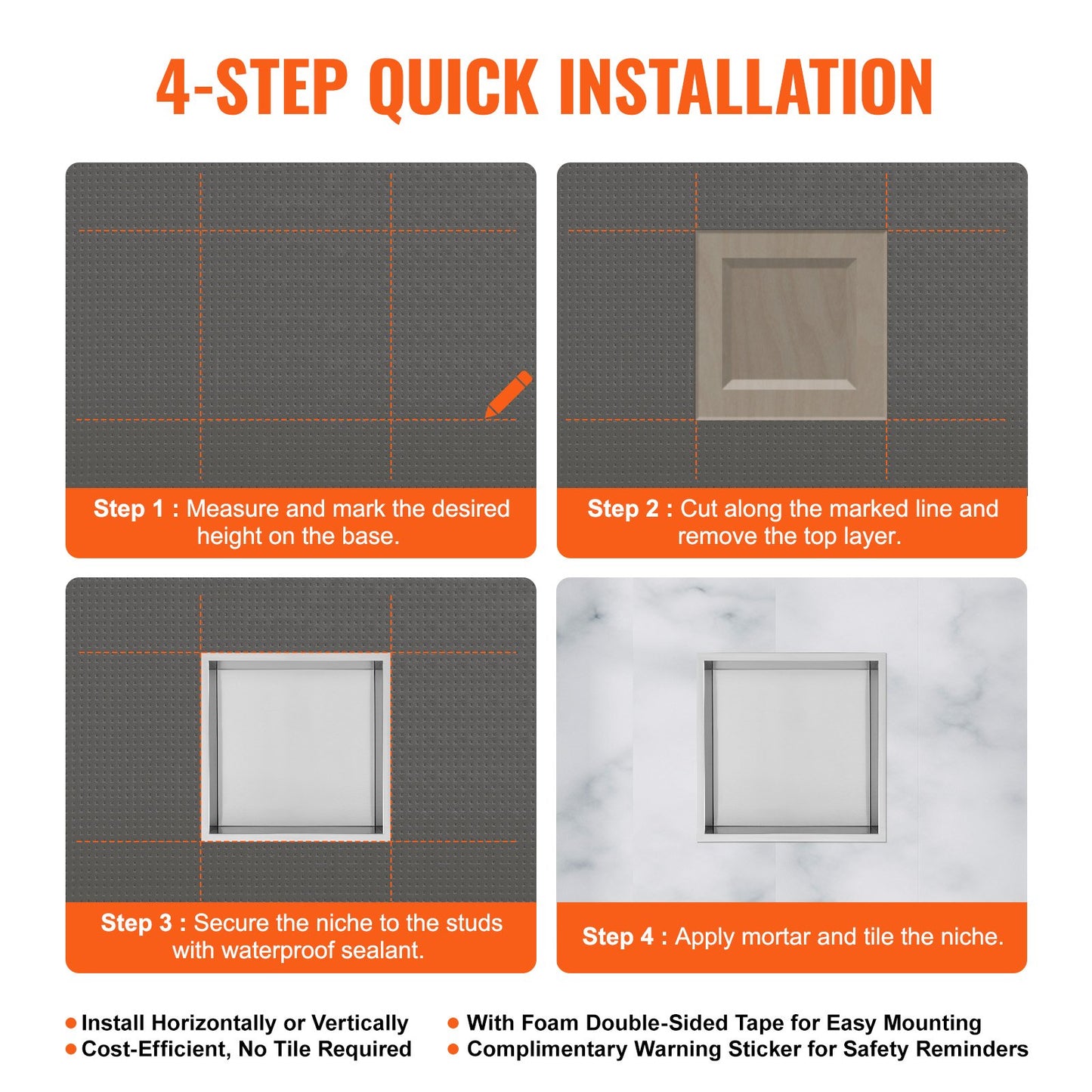 33.02 x 33.02 cm No Tile Shower Niche 304 Stainless Steel, Wall-Inserted Niche Recessed Double Shelves, Sealed Waterproof Rust-Resistant Modern Niche for Shower Bathroom Soap Storage, Silver - Image 5