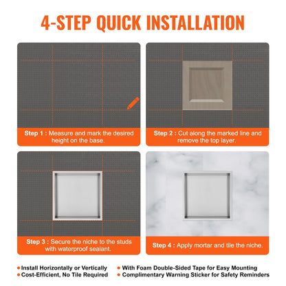 33.02 x 33.02 cm No Tile Shower Niche 304 Stainless Steel, Wall-Inserted Niche Recessed Double Shelves, Sealed Waterproof Rust-Resistant Modern Niche for Shower Bathroom Soap Storage, Silver - Image 5