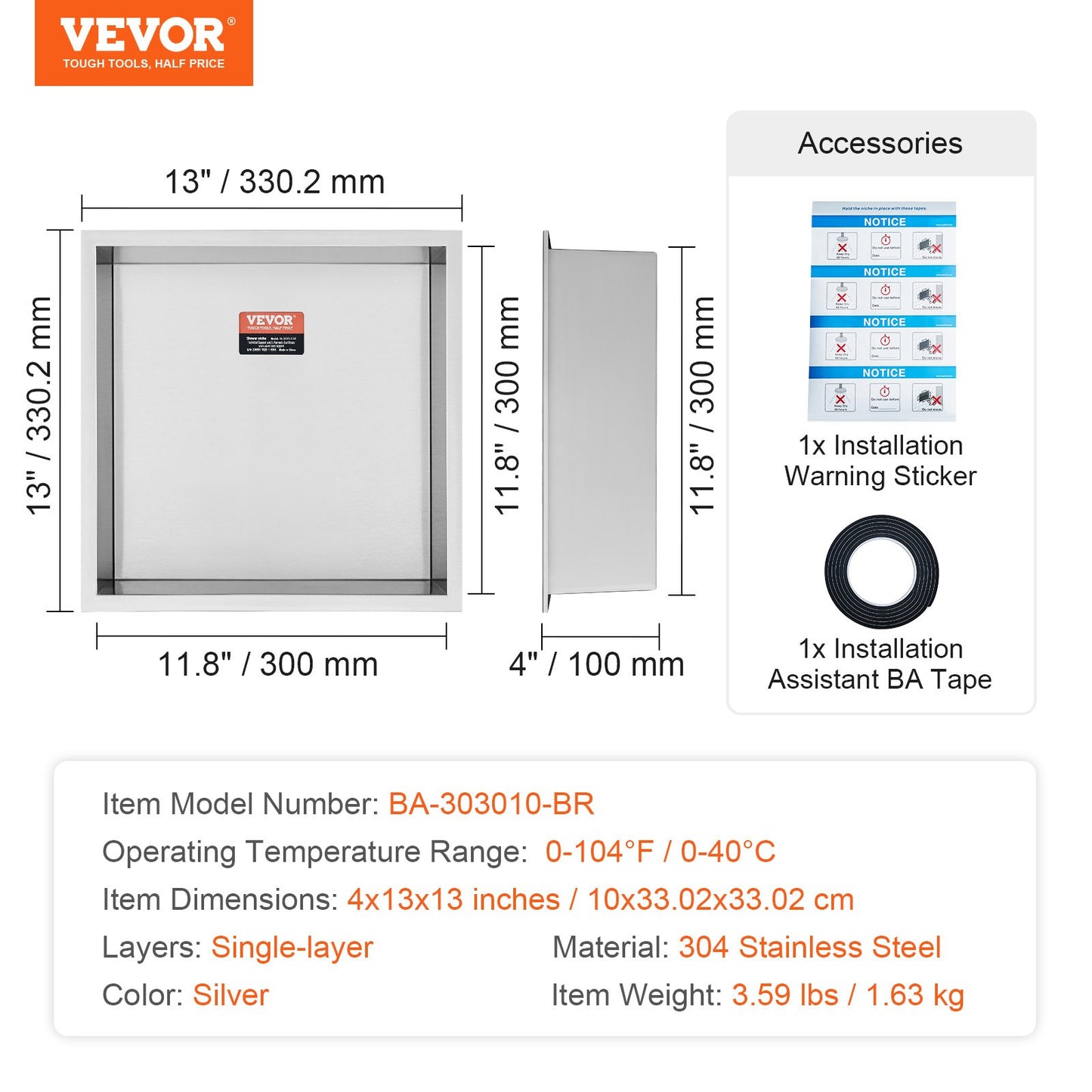 33.02 x 33.02 cm No Tile Shower Niche 304 Stainless Steel, Wall-Inserted Niche Recessed Double Shelves, Sealed Waterproof Rust-Resistant Modern Niche for Shower Bathroom Soap Storage, Silver - Image 7