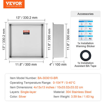 33.02 x 33.02 cm No Tile Shower Niche 304 Stainless Steel, Wall-Inserted Niche Recessed Double Shelves, Sealed Waterproof Rust-Resistant Modern Niche for Shower Bathroom Soap Storage, Silver - Image 7