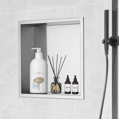33.02 x 33.02 cm No Tile Shower Niche 304 Stainless Steel, Wall-Inserted Niche Recessed Double Shelves, Sealed Waterproof Rust-Resistant Modern Niche for Shower Bathroom Soap Storage, Silver - Image 8