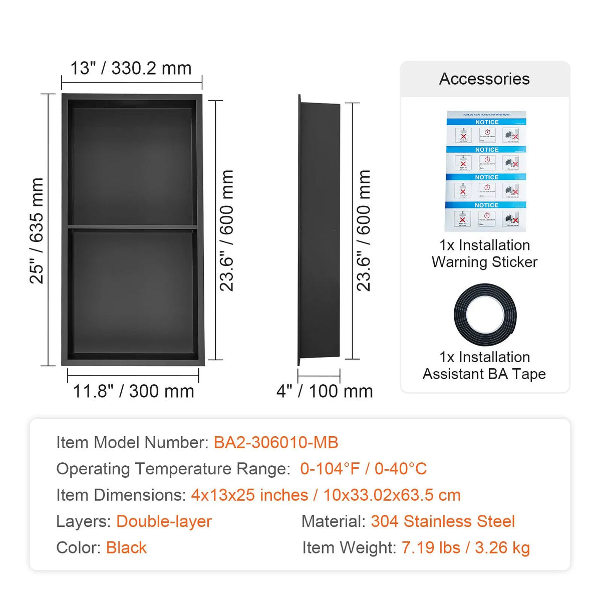 33.02 x 63.5 cm No Tile Shower Niche 304 Stainless Steel, Wall-Inserted Niche Recessed Double Shelves, Sealed Waterproof Rust-Resistant Modern Niche for Shower or Soap Storage Bathroom - Image 7