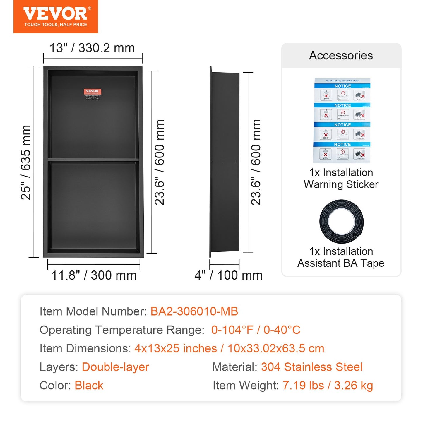 33.02 x 63.5 cm No Tile Shower Niche 304 Stainless Steel, Wall-Inserted Niche Recessed Double Shelves, Sealed Waterproof Rust-Resistant Modern Niche for Shower or Soap Storage Bathroom - Image 7