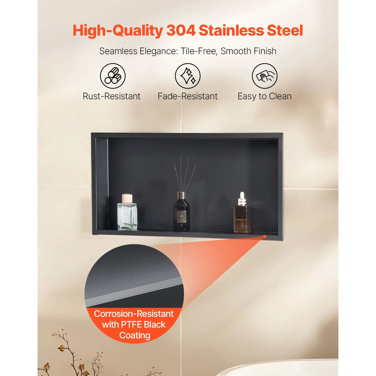 Shower Niche, 33.0 x 63.5 x 10.2 cm Recessed Wall Niche, Heavy-duty Stainless Steel Modern Soap & Shampoo Storage Organizer, Sealed Waterproof, Durable & Easy to Install, Black for Bathroom - Image 3