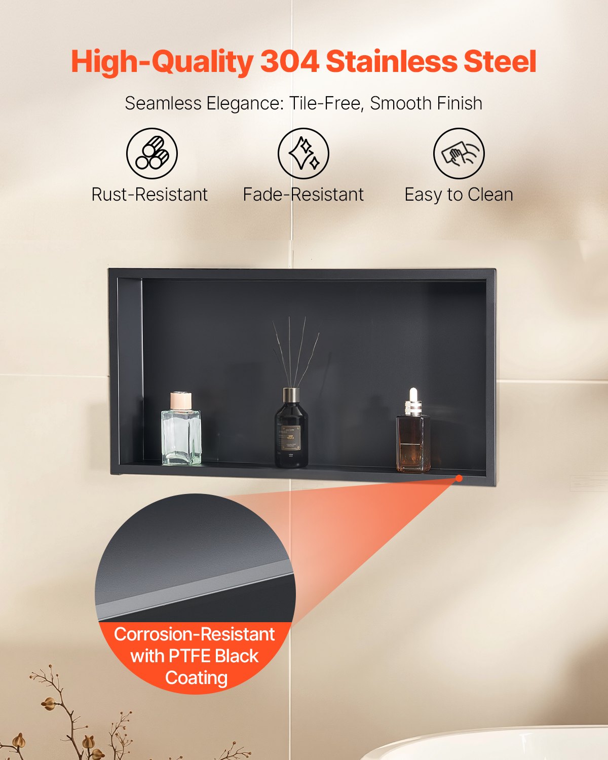 Shower Niche, 33.0 x 63.5 x 10.2 cm Recessed Wall Niche, Heavy-duty Stainless Steel Modern Soap & Shampoo Storage Organizer, Sealed Waterproof, Durable & Easy to Install, Black for Bathroom - Image 3