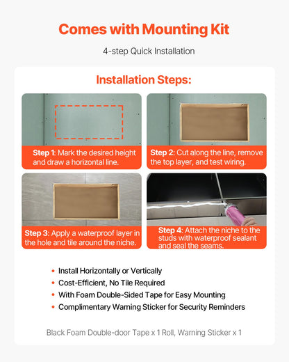 Shower Niche, 33.0 x 63.5 x 10.2 cm Recessed Wall Niche, Heavy-duty Stainless Steel Modern Soap & Shampoo Storage Organizer, Sealed Waterproof, Durable & Easy to Install, Black for Bathroom - Image 5