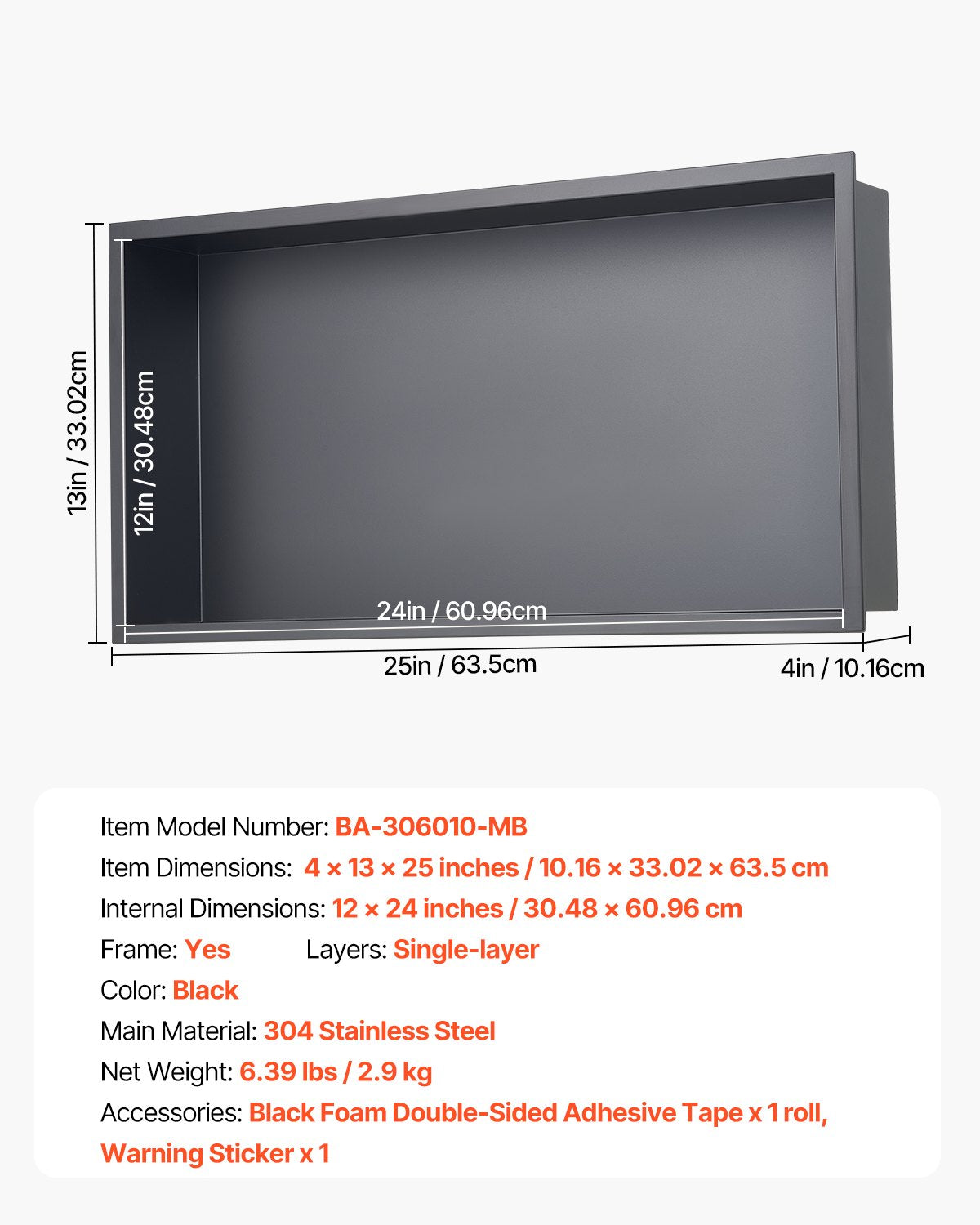 Shower Niche, 33.0 x 63.5 x 10.2 cm Recessed Wall Niche, Heavy-duty Stainless Steel Modern Soap & Shampoo Storage Organizer, Sealed Waterproof, Durable & Easy to Install, Black for Bathroom - Image 7