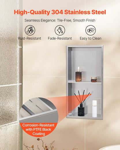 Shower Niche, 33.0 x 63.5 x 10.2 cm Recessed Wall Niche Double-layer, with Hollowed-out Divider, Heavy-duty Stainless Steel Modern Shampoo Storage Organizer, Waterproof, Silver for Bathroom - Image 3