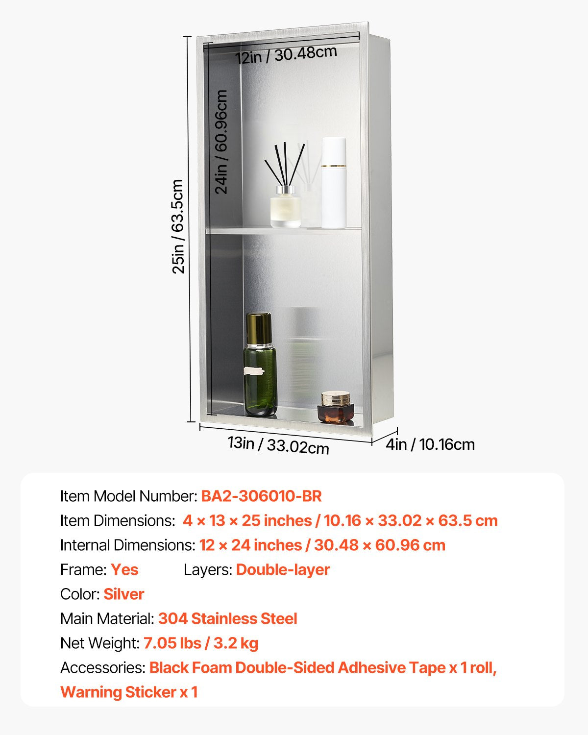 Shower Niche, 33.0 x 63.5 x 10.2 cm Recessed Wall Niche Double-layer, with Hollowed-out Divider, Heavy-duty Stainless Steel Modern Shampoo Storage Organizer, Waterproof, Silver for Bathroom - Image 7