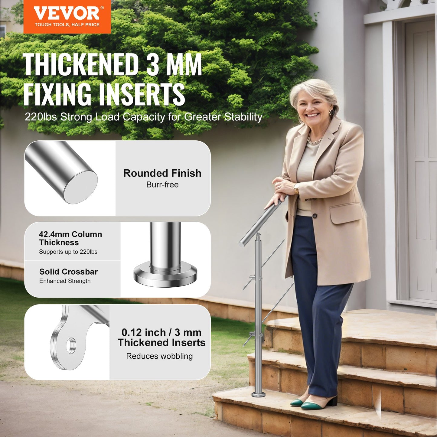39.4in Handrails for Outdoor Steps 2 Crossbars Staircase for Porch Deck - Image 2