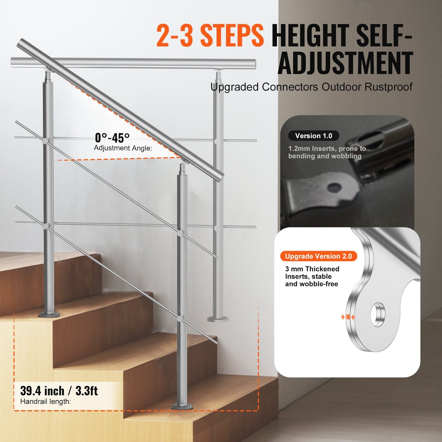 39.4in Handrails for Outdoor Steps 2 Crossbars Staircase for Porch Deck - Image 3