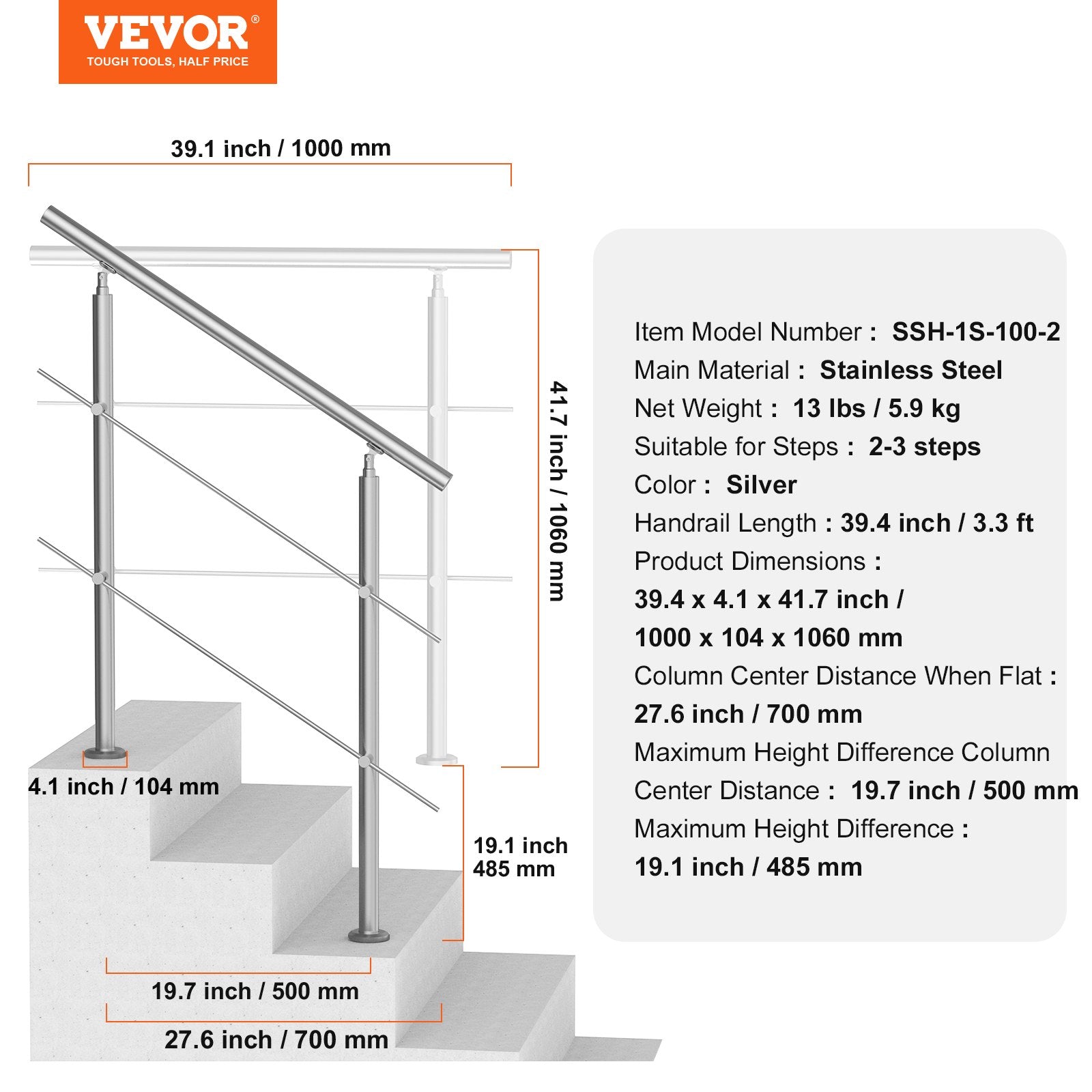 39.4in Handrails for Outdoor Steps 2 Crossbars Staircase for Porch Deck - Image 7