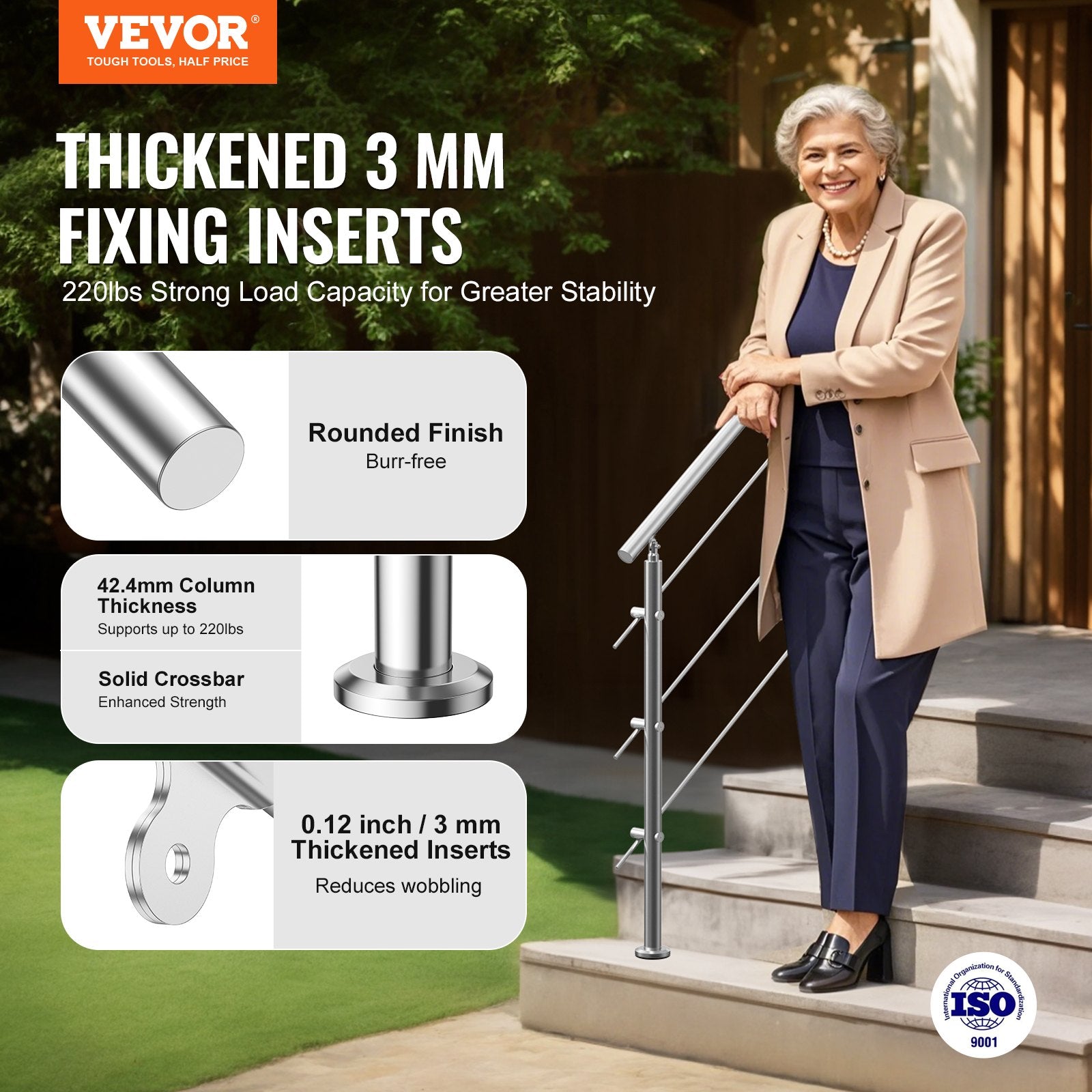 47.2in Handrails for Outdoor Steps 3 Crossbars Staircase for Porch Deck - Image 2
