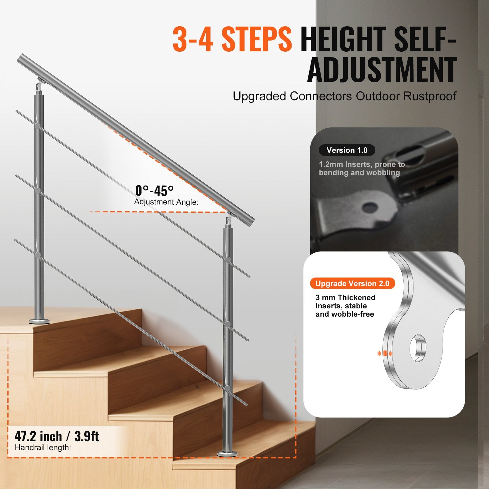 47.2in Handrails for Outdoor Steps 3 Crossbars Staircase for Porch Deck - Image 3