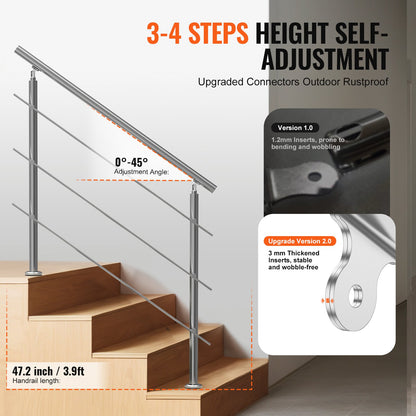 47.2in Handrails for Outdoor Steps 3 Crossbars Staircase for Porch Deck - Image 3