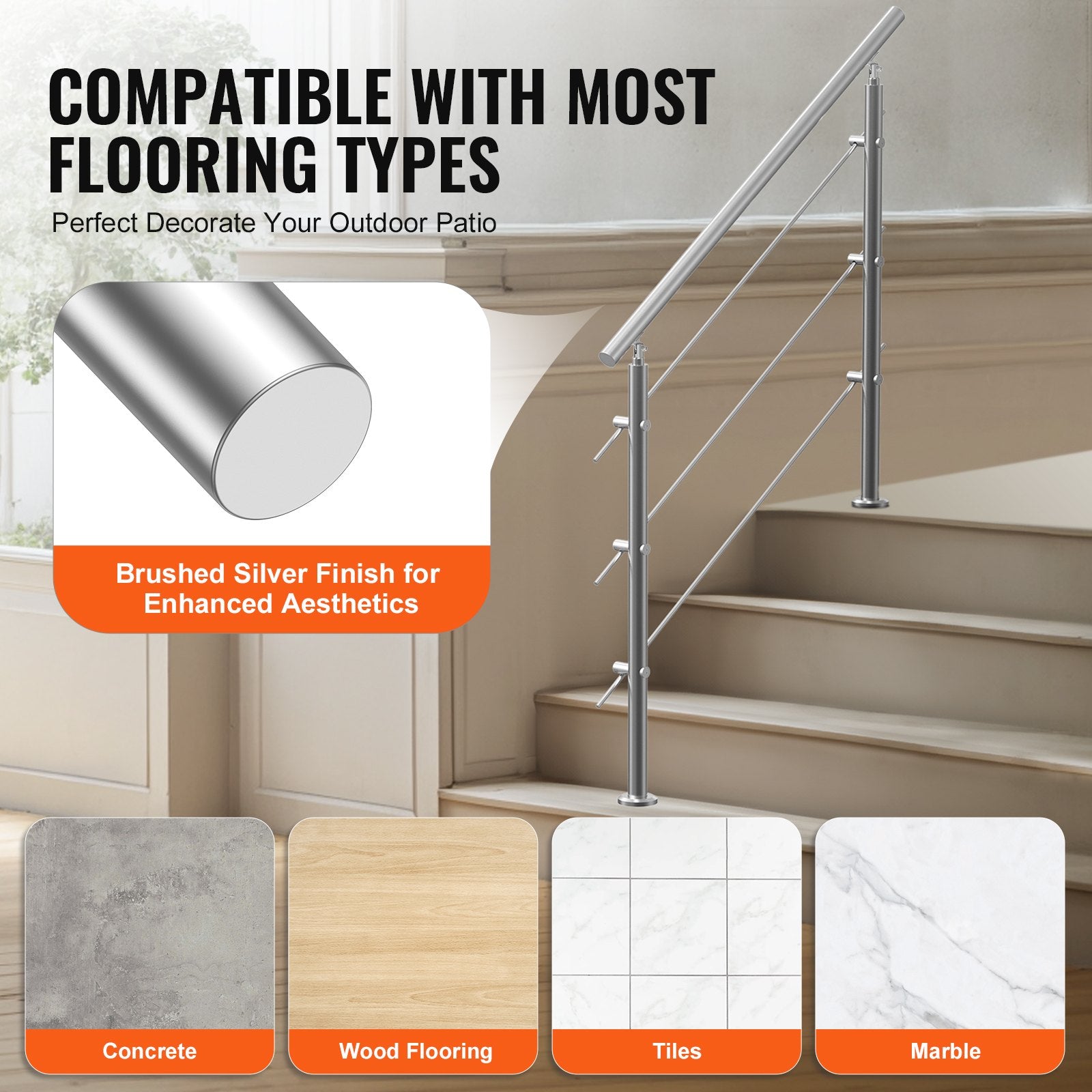 47.2in Handrails for Outdoor Steps 3 Crossbars Staircase for Porch Deck - Image 5