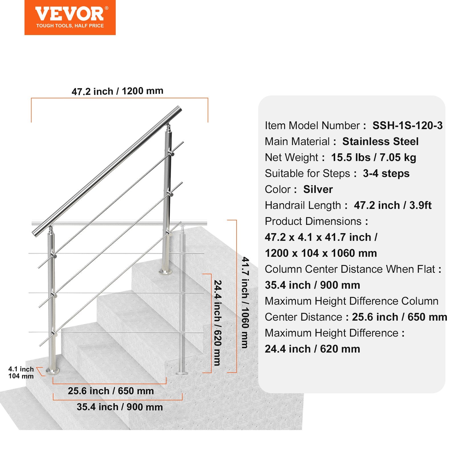 47.2in Handrails for Outdoor Steps 3 Crossbars Staircase for Porch Deck - Image 7