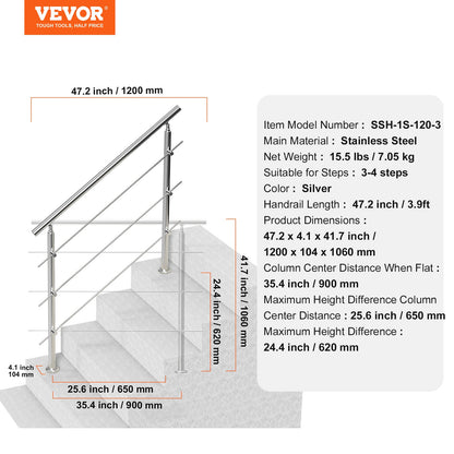 47.2in Handrails for Outdoor Steps 3 Crossbars Staircase for Porch Deck - Image 7