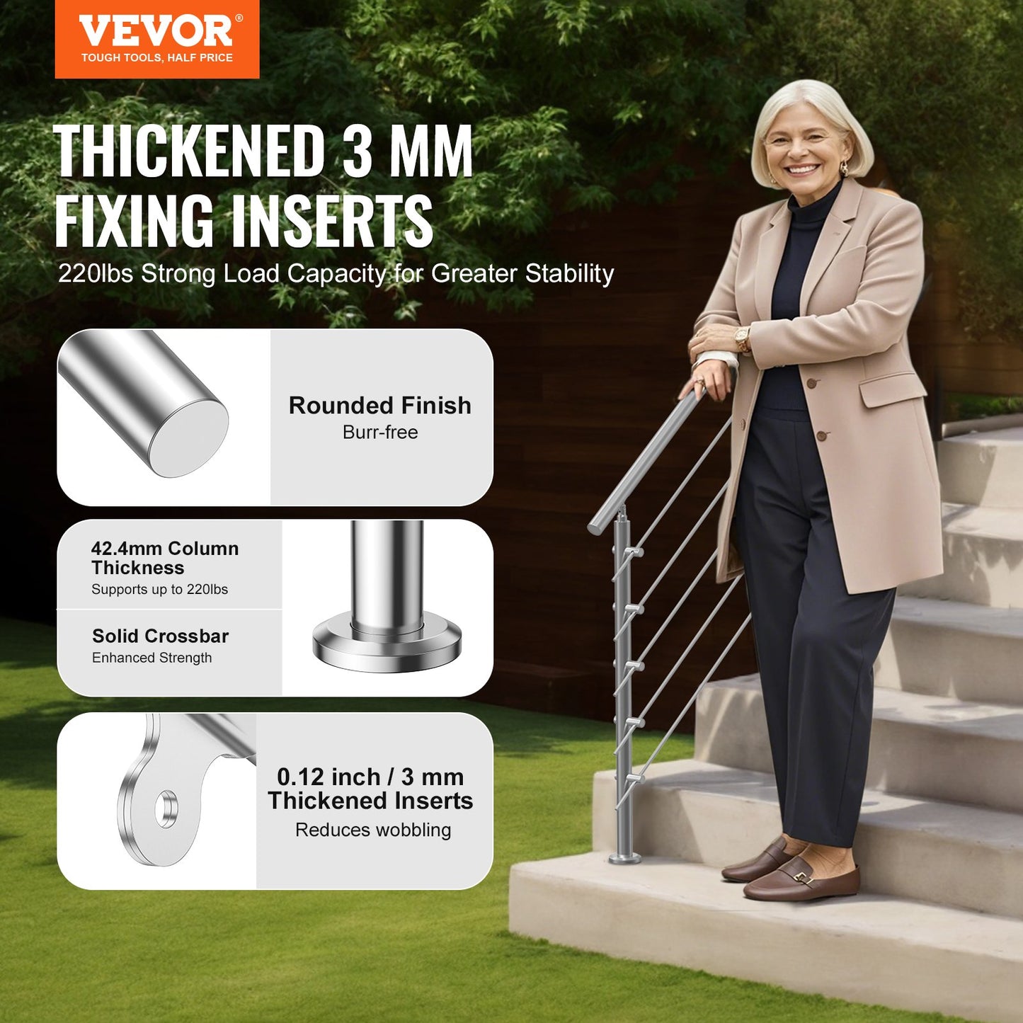 59in Handrails for Outdoor Steps 5 Crossbars Staircase for Porch Deck - Image 2