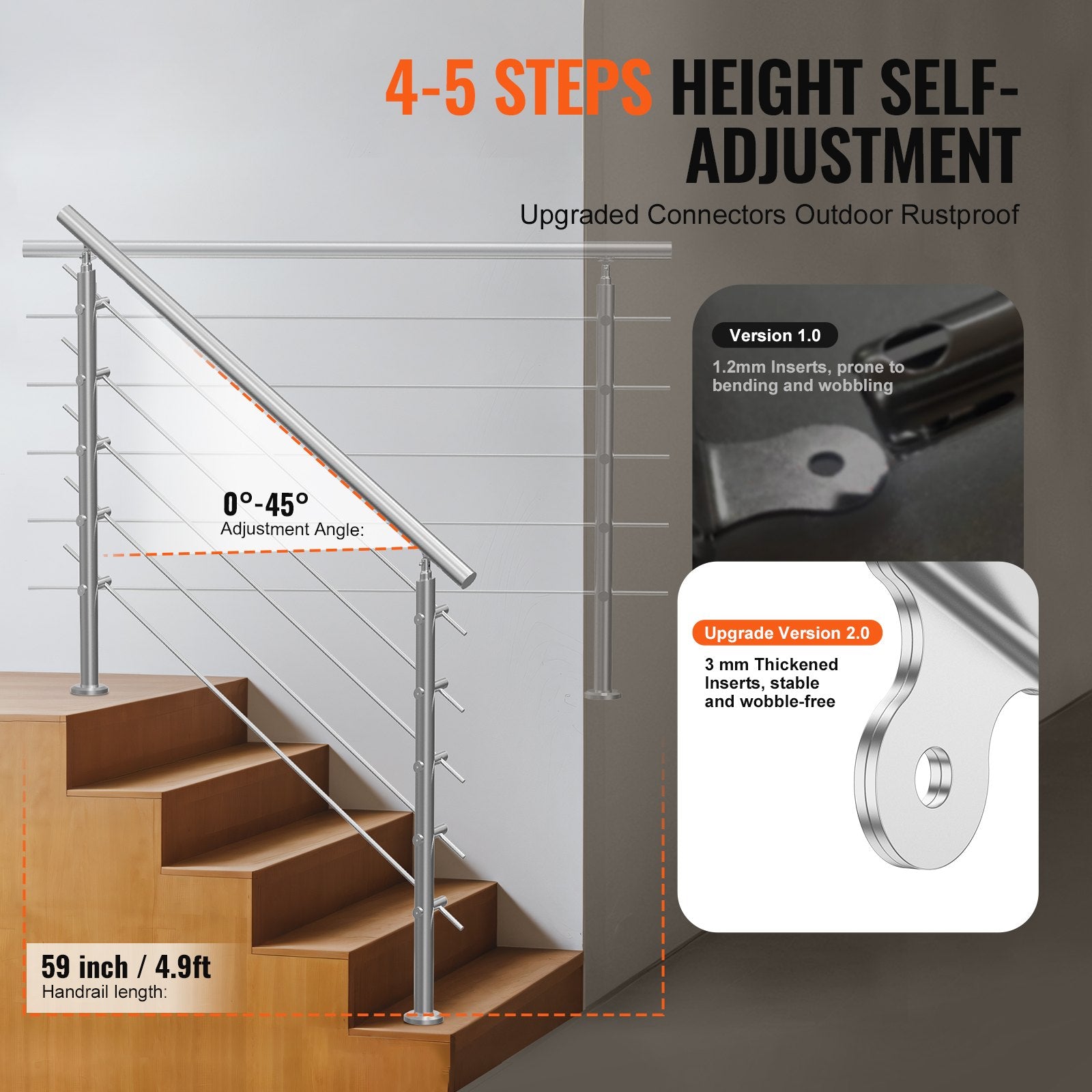 59in Handrails for Outdoor Steps 5 Crossbars Staircase for Porch Deck - Image 3
