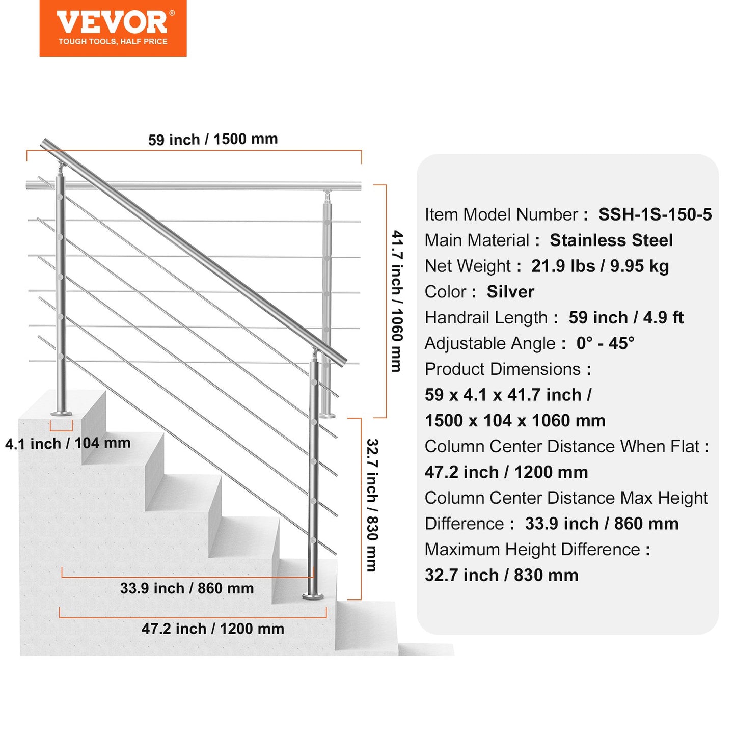 59in Handrails for Outdoor Steps 5 Crossbars Staircase for Porch Deck - Image 7