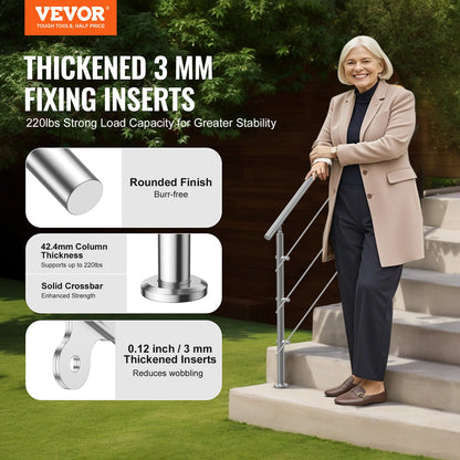 Handrails for Outdoor Steps, 59 in Length 3 Crossbars Stair Hand Rail Kit, Transitional Stainless Steel Railings w/ Installation Kit, Double-column Staircase Handrails for Seniors,Porch & Deck - Image 2