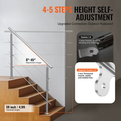 Handrails for Outdoor Steps, 59 in Length 3 Crossbars Stair Hand Rail Kit, Transitional Stainless Steel Railings w/ Installation Kit, Double-column Staircase Handrails for Seniors,Porch & Deck - Image 3