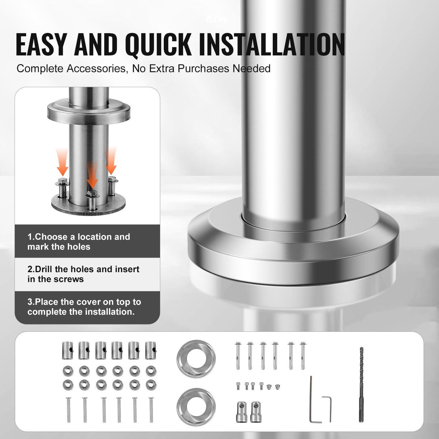 Handrails for Outdoor Steps, 59 in Length 3 Crossbars Stair Hand Rail Kit, Transitional Stainless Steel Railings w/ Installation Kit, Double-column Staircase Handrails for Seniors,Porch & Deck - Image 4