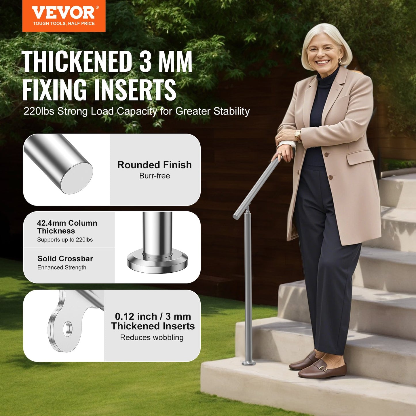 Handrails for Outdoor Steps, 59 in/ 150cm Length Stair Hand Rail Kit, Transitional Stainless Steel Railings with Installation Kit, Double-column Staircase Handrails for Seniors,Porch & Deck - Image 2