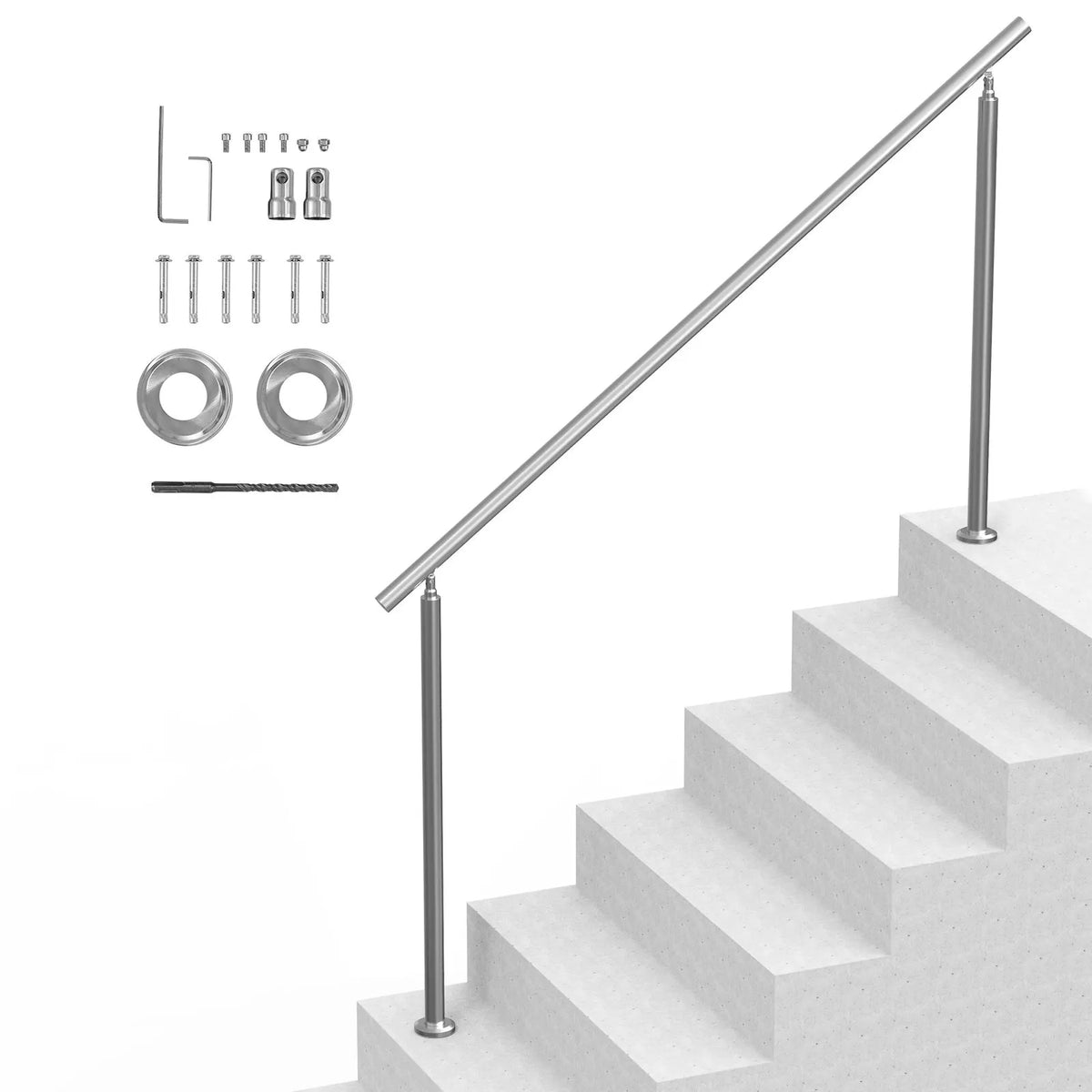 Handrails for Outdoor Steps, 70.9 in/ 180cm Length Stair Hand Rail Kit, Transitional Stainless Steel Railings with Installation Kit, Double-column Staircase Handrails for Seniors,Porch & Deck