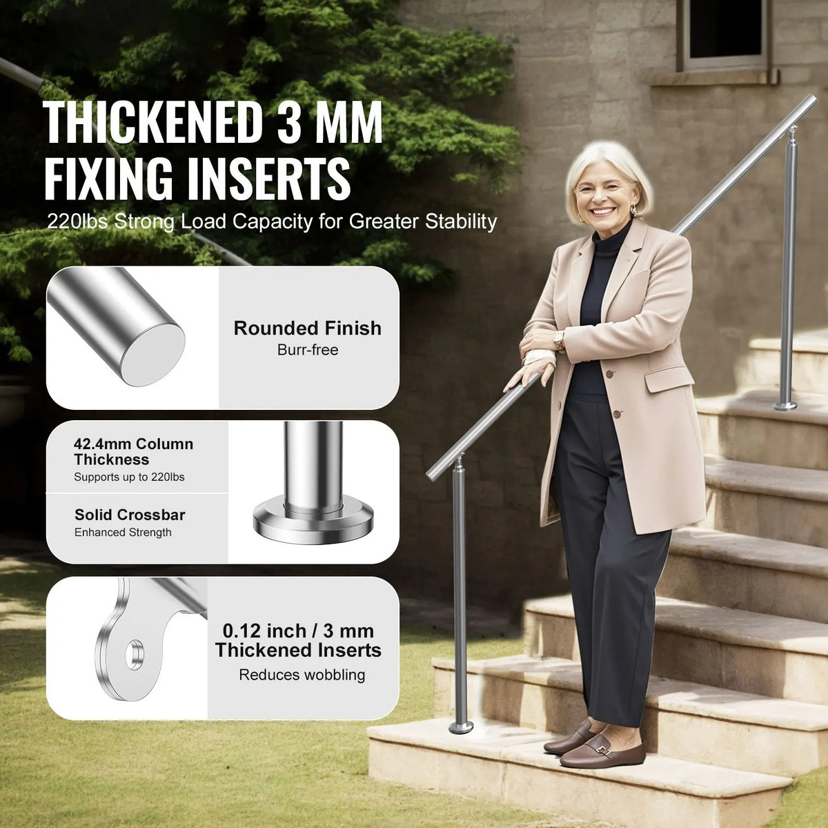 Handrails for Outdoor Steps, 70.9 in/ 180cm Length Stair Hand Rail Kit, Transitional Stainless Steel Railings with Installation Kit, Double-column Staircase Handrails for Seniors,Porch & Deck - Image 2